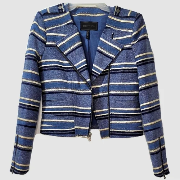 BCBGMaxAzria Blue Striped Moto Jacket Size XS Great Condition - Picture 2 of 7